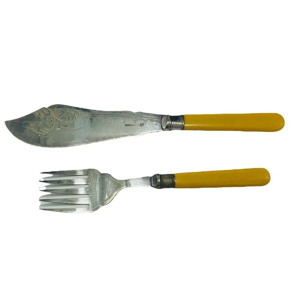 H.F & Co. Silver Plate Master Fish Fork and Knife Set Celluloid Handles 1910
